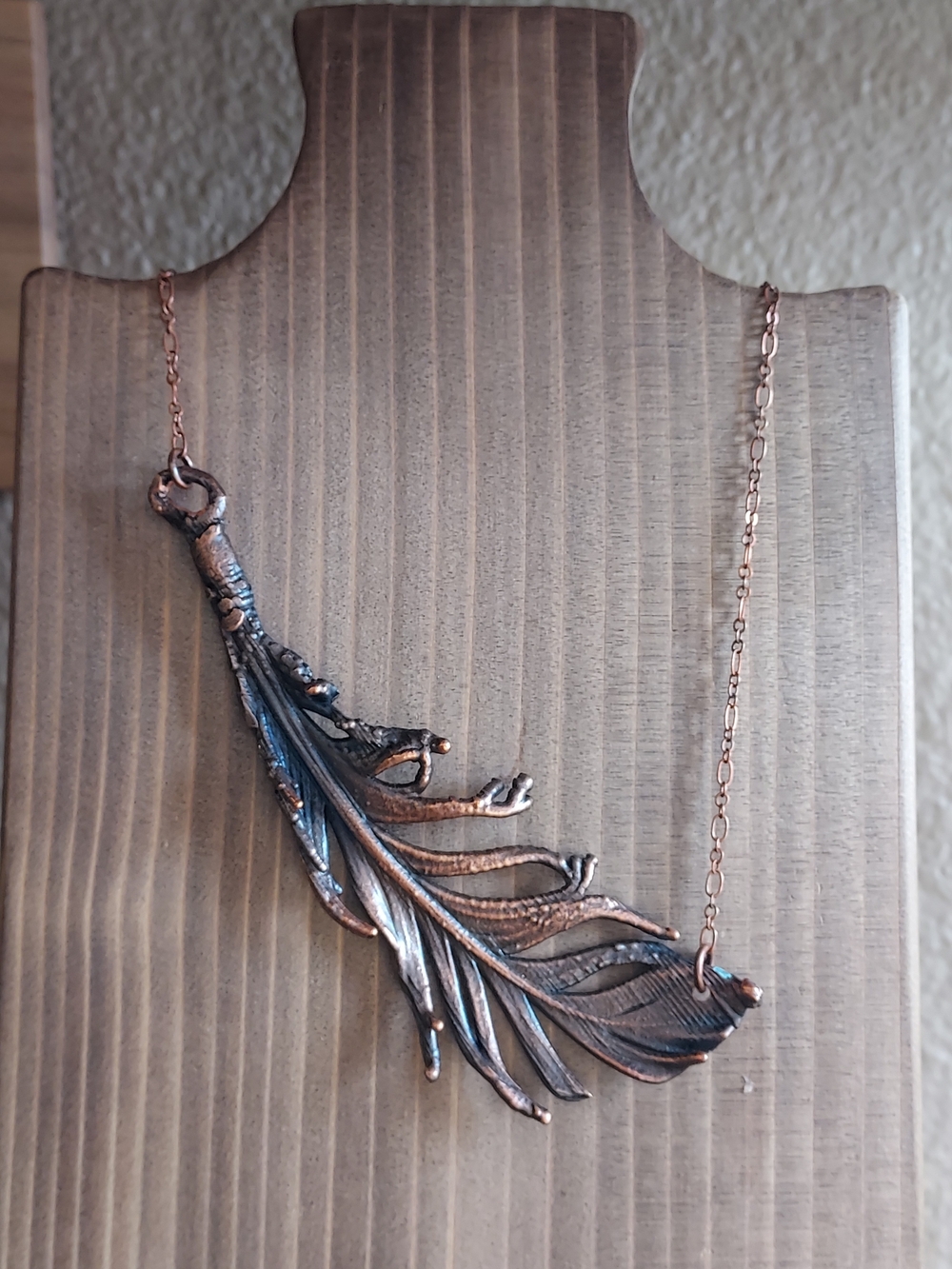 Bronze Feather Pendant Necklace - Boho Statement
